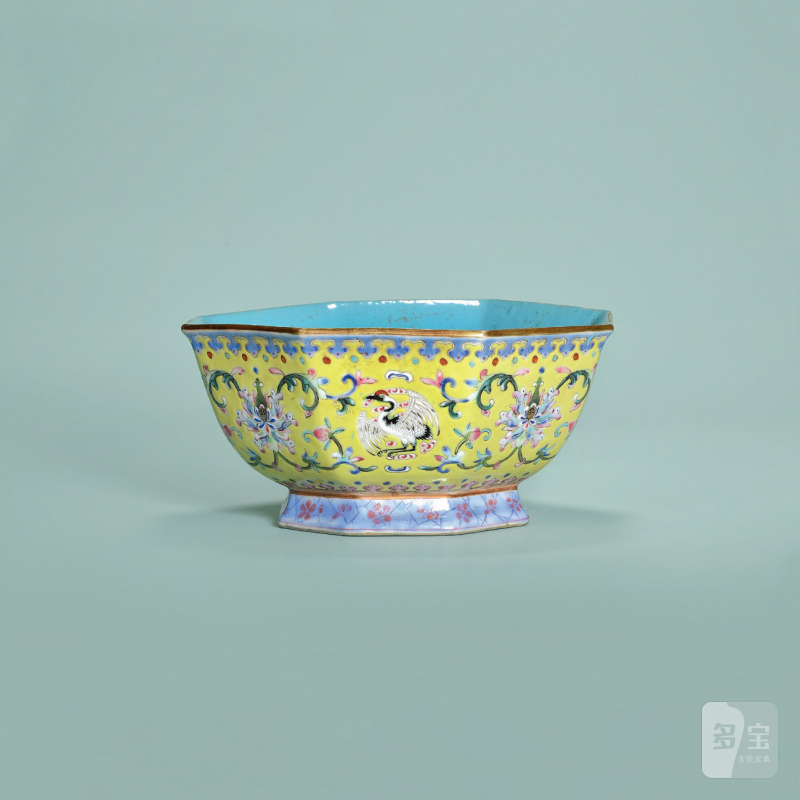 清咸丰 黄地粉彩团鹤宝相花纹洗